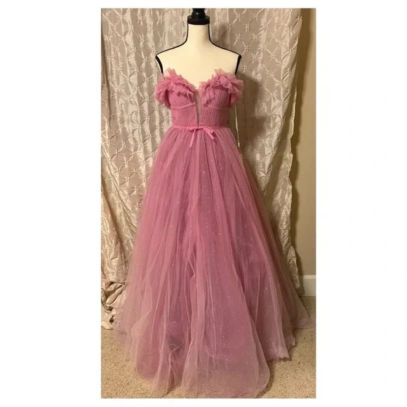 strapless open back dress Mac Duggal Pink Strapless Floral Tulle Chiffon Gown With Ruffle Detail Pink  Multi #30783 main image 1